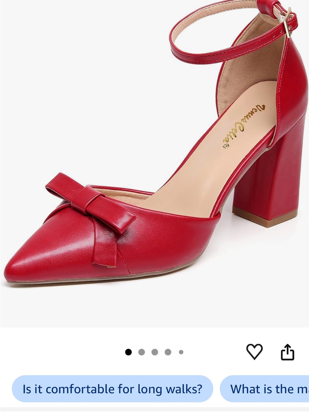 Venus Celia Red Pointed-Toe Bow Block Heels with Ankle Strap - Picture 4 of 9